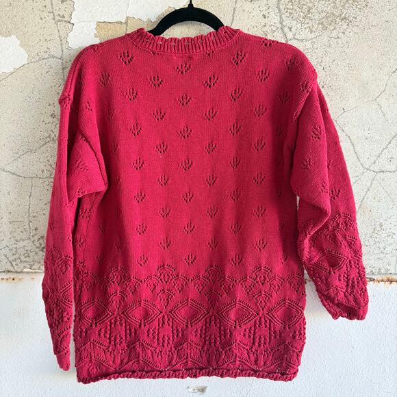 Vtg 80s Sweater Pointelle Knit Red Lace Pattern Made in USA Womens M Cottagecore - Picture 4 of 7